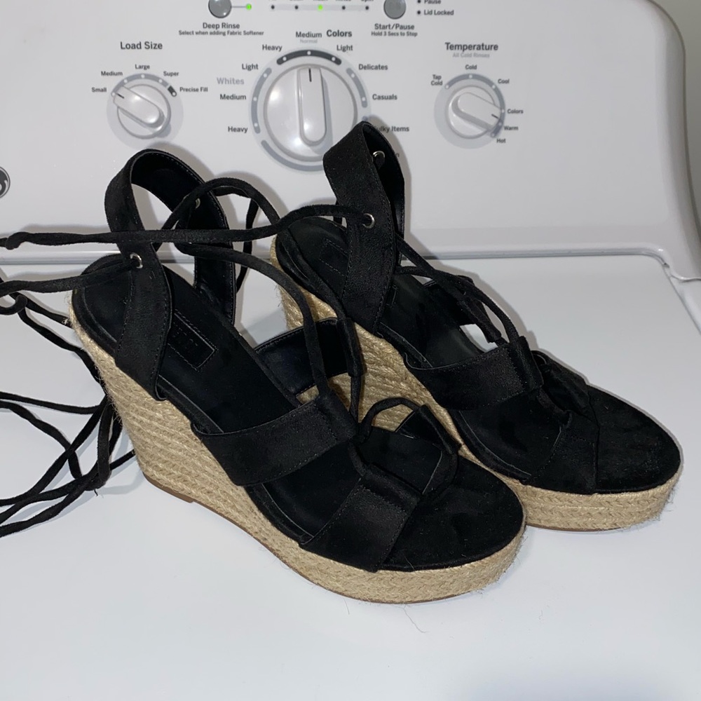 Black lace up wrap around wedges